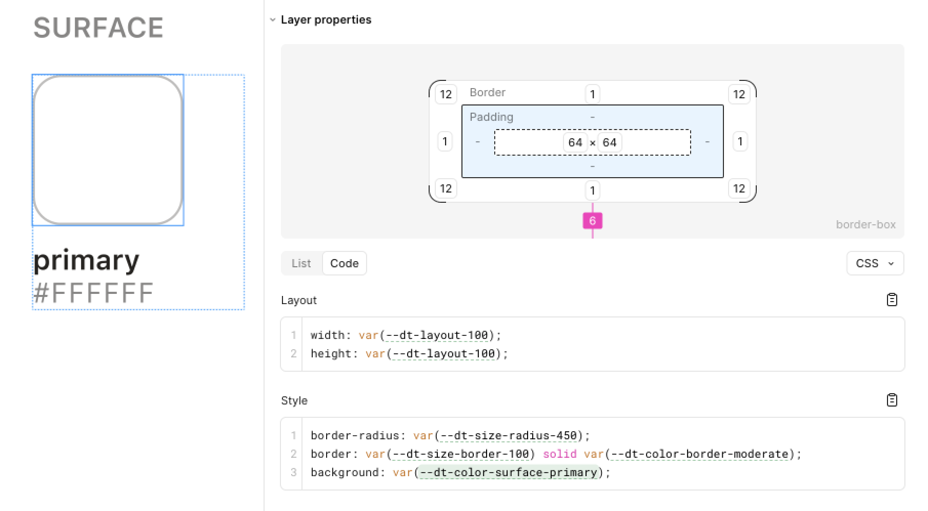 Figma Dev Mode panel showing the "primary" surface variable resolving to width, height, border-radius, border, and background CSS custom properties