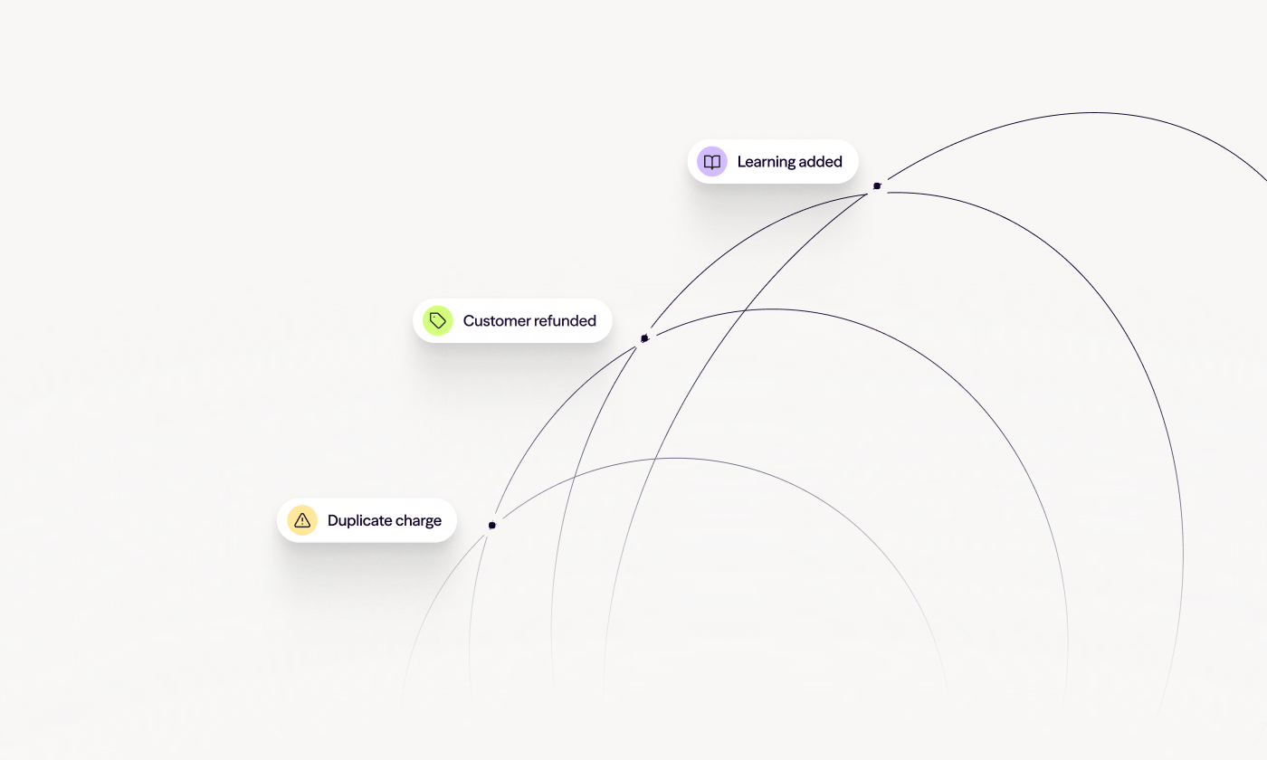 Schematic line art: arcs rising from the corner with nodes and white status pills