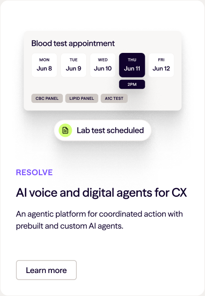 Feature card with a product UI panel and a Lab test scheduled status pill stacked and centered above the card copy