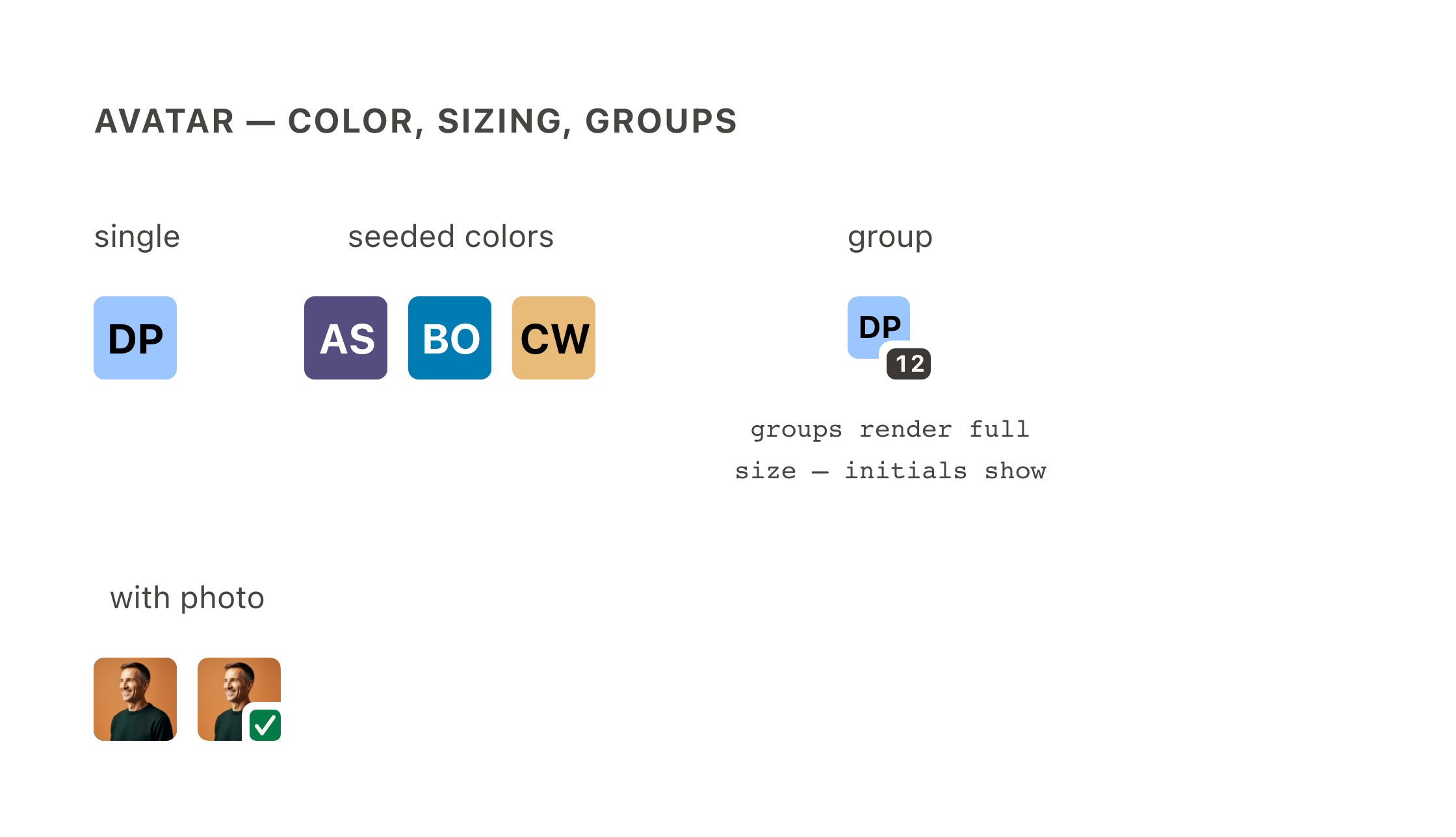 Single avatar, seeded avatar colors, and a group avatar — after migration