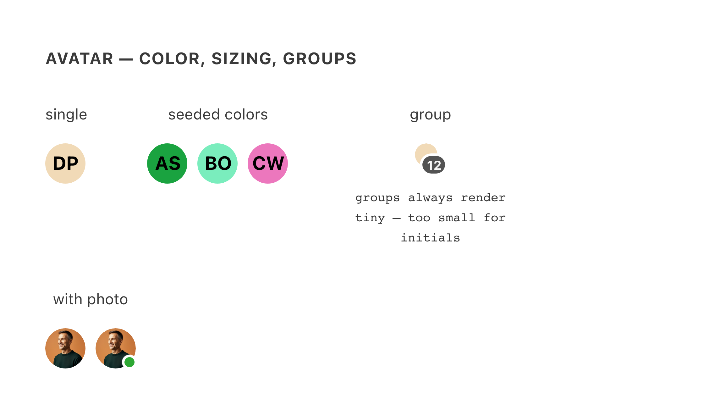 Single avatar, seeded avatar colors, and a group avatar — before migration