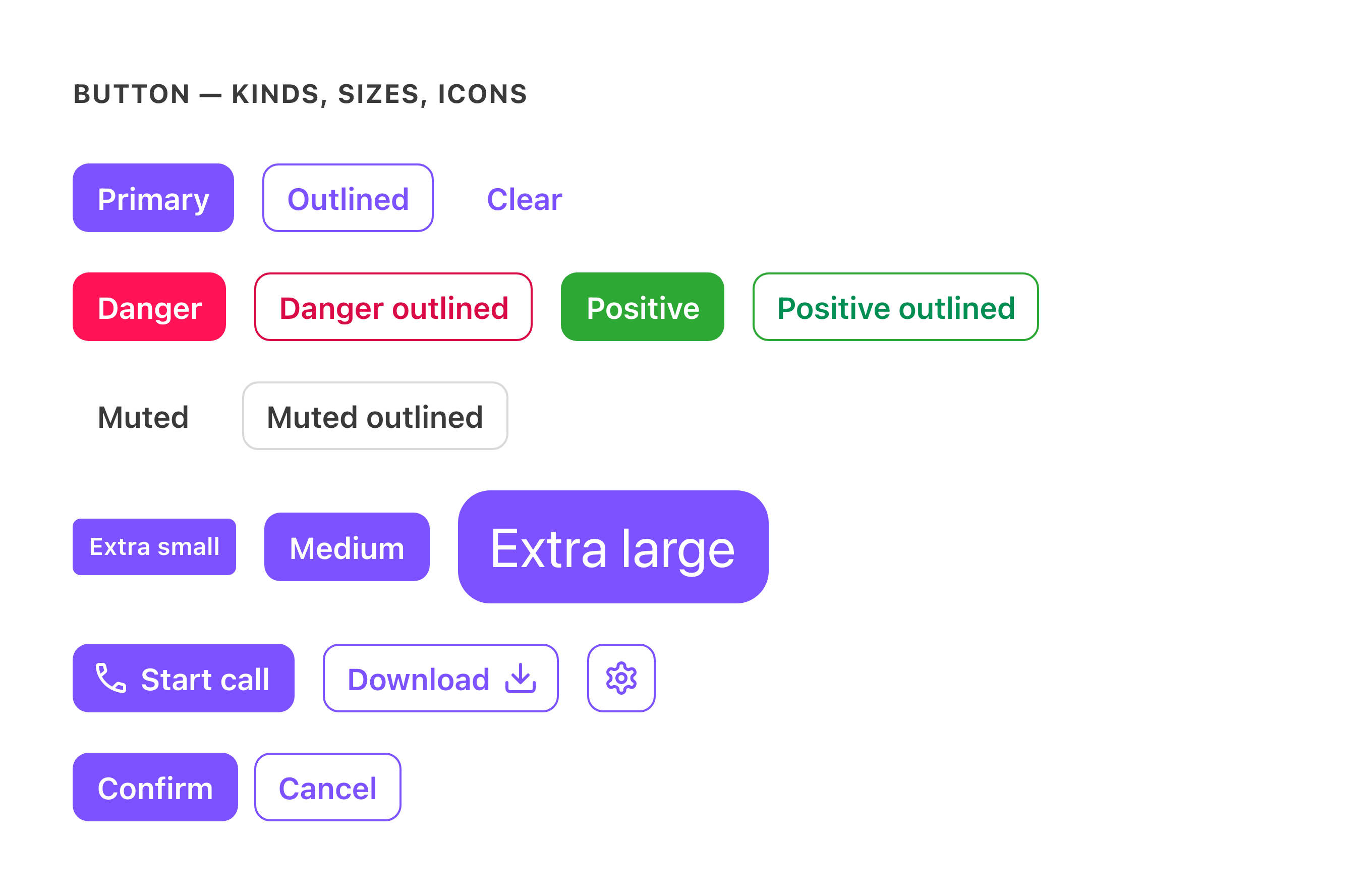 Button kinds, sizes, icon placements, and a button group — before migration
