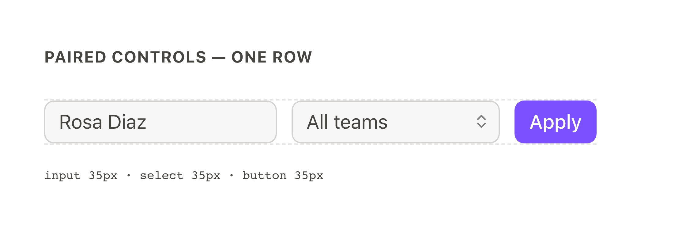 An input, a select menu, and a button in one row, with measured matching heights — after migration
