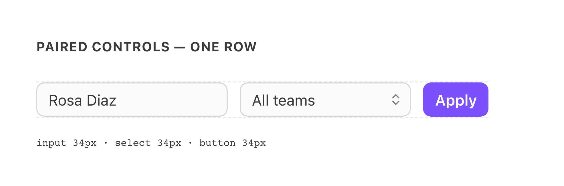 An input, a select menu, and a button in one row, with measured matching heights — before migration