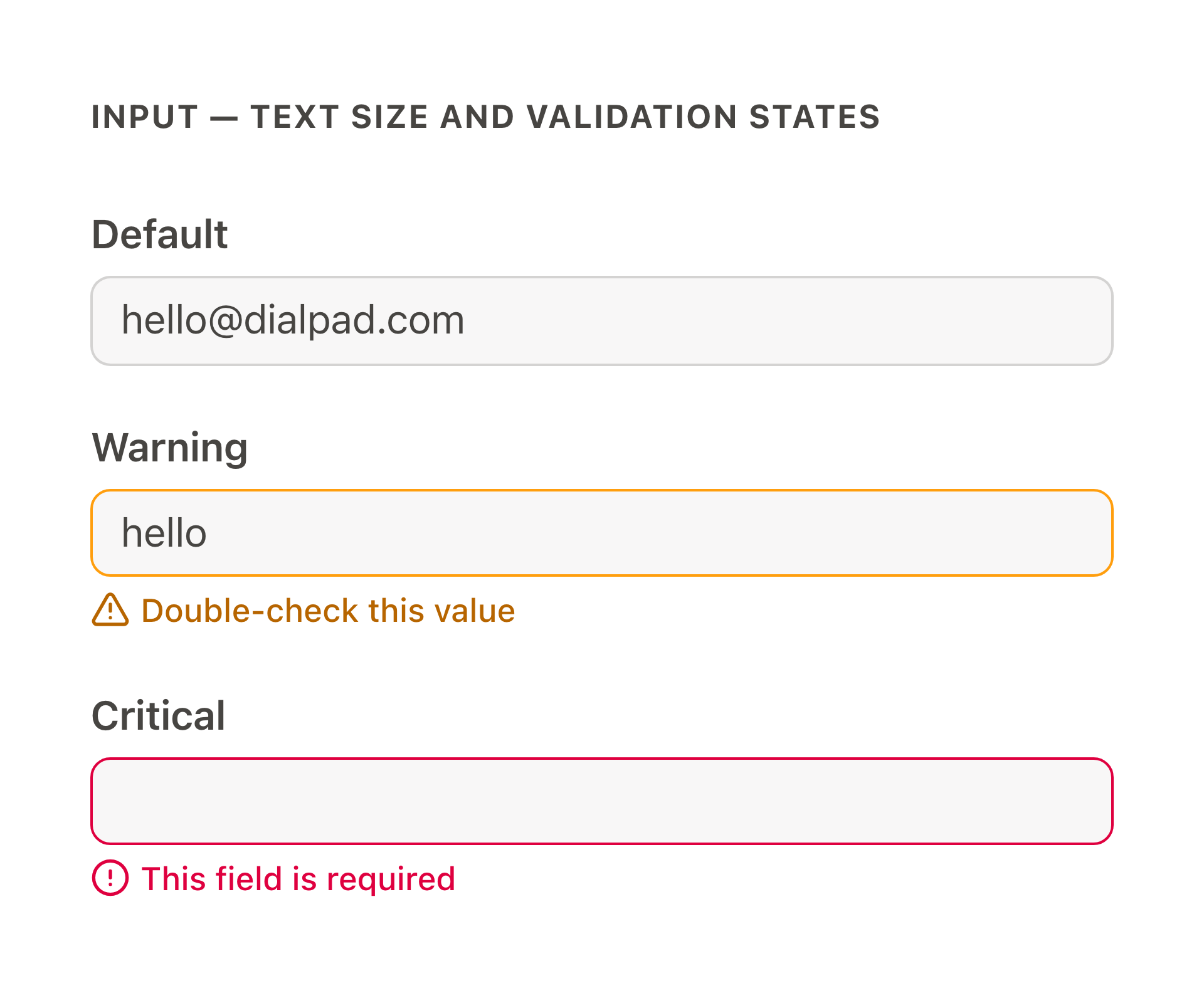 Inputs with info, warning, and critical validation states — after migration