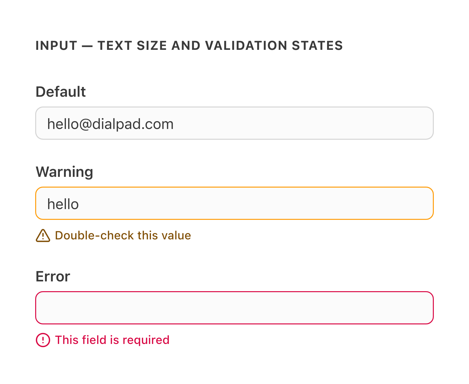 Inputs with info, warning, and critical validation states — before migration