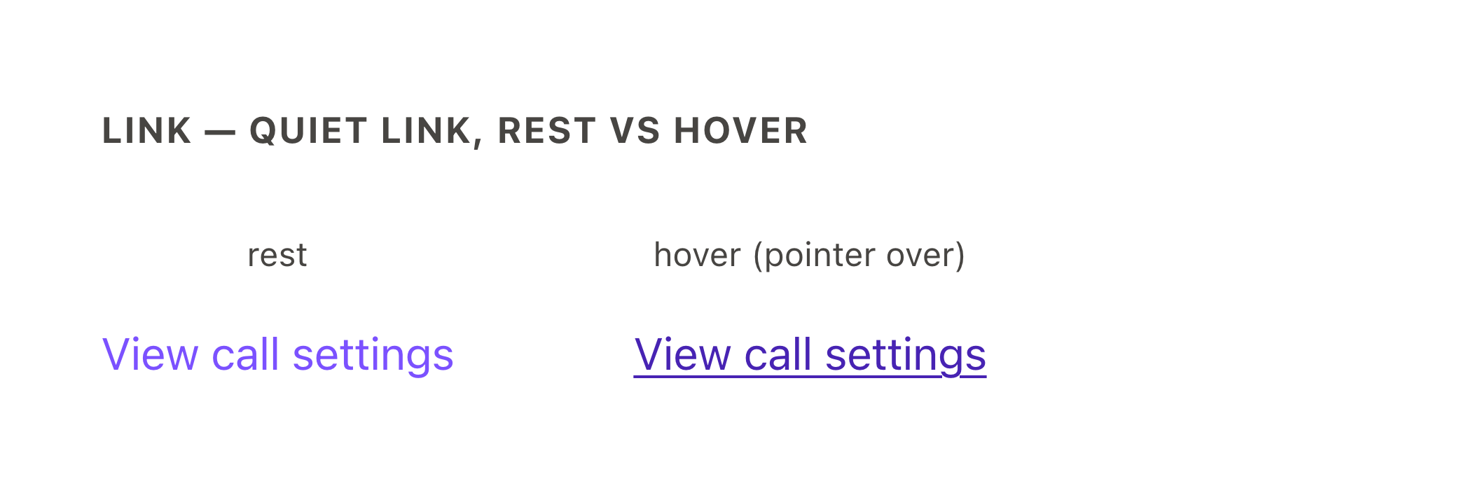 Quiet link at rest and with the pointer over it — after migration