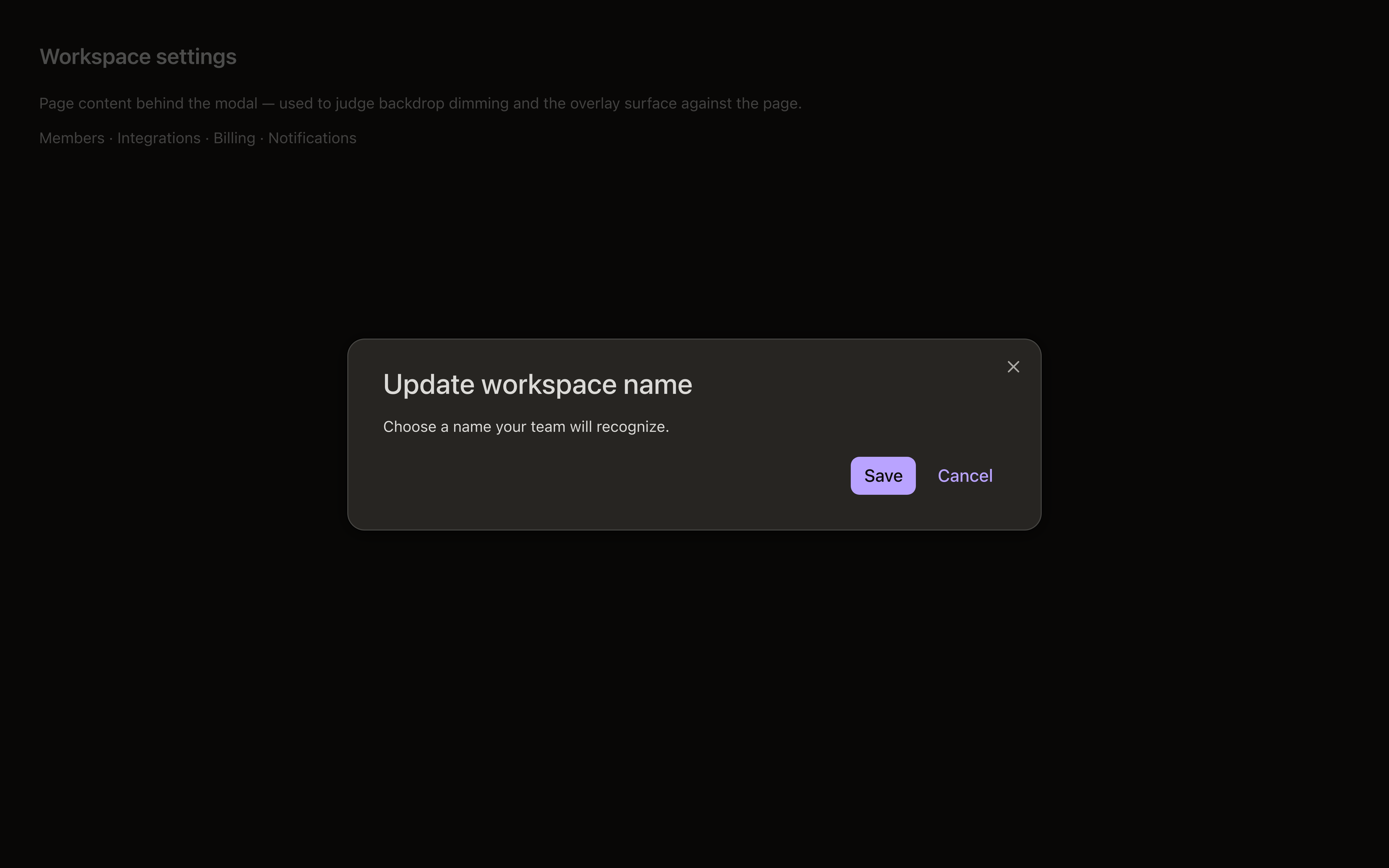Open modal over page content with backdrop, in dark mode — after migration