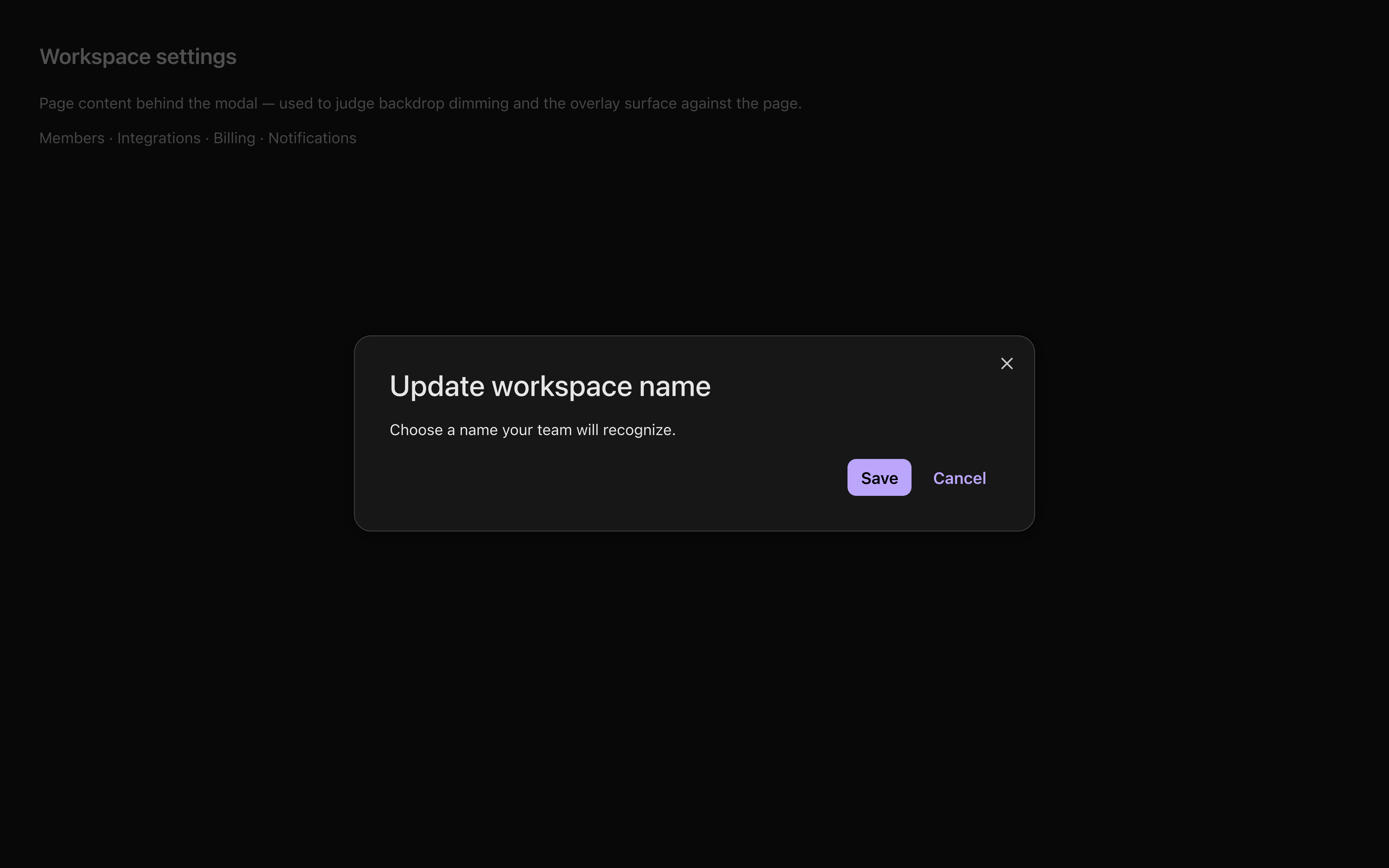 Open modal over page content with backdrop, in dark mode — before migration