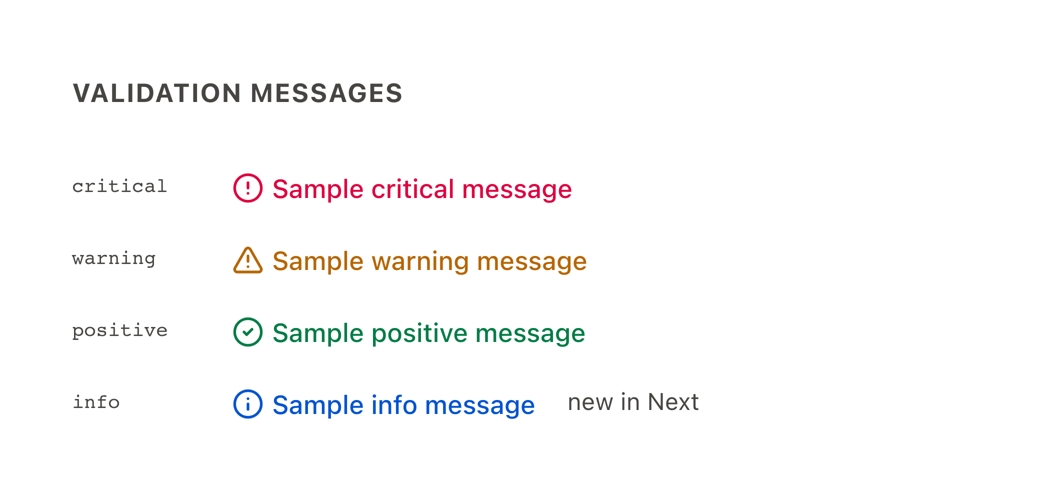 Validation messages across severities; the info variant is new — after migration