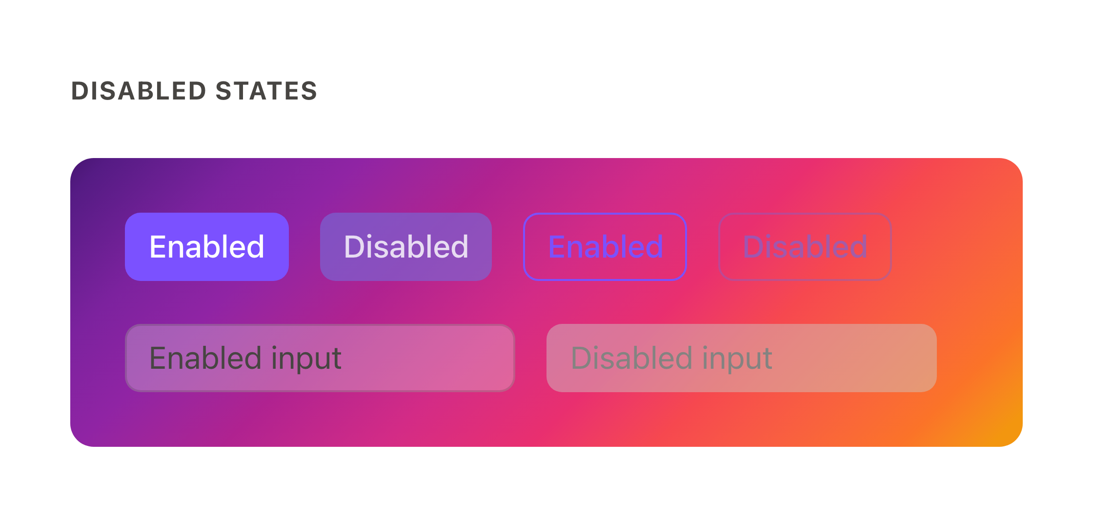 Enabled and disabled buttons and inputs over a gradient backdrop — after migration