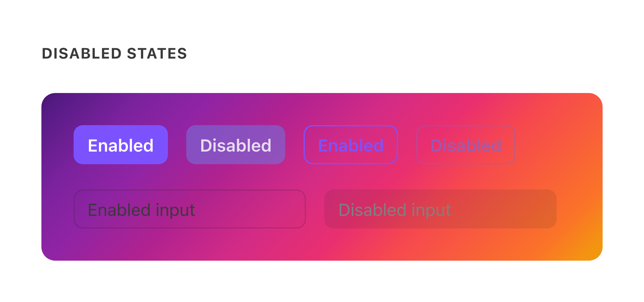 Enabled and disabled buttons and inputs over a gradient backdrop — before migration