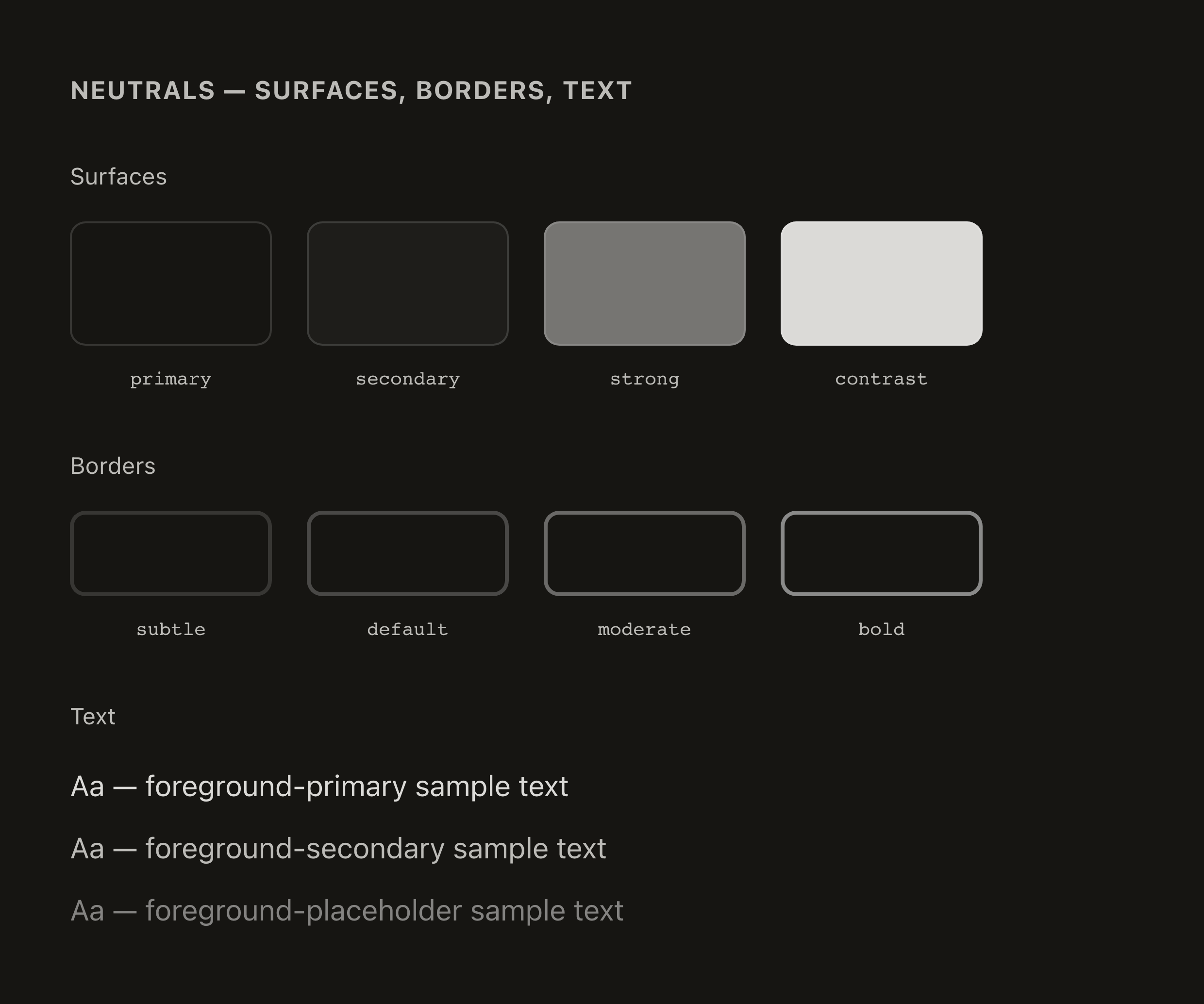 Neutral surfaces, borders, and text colors in dark mode — after migration