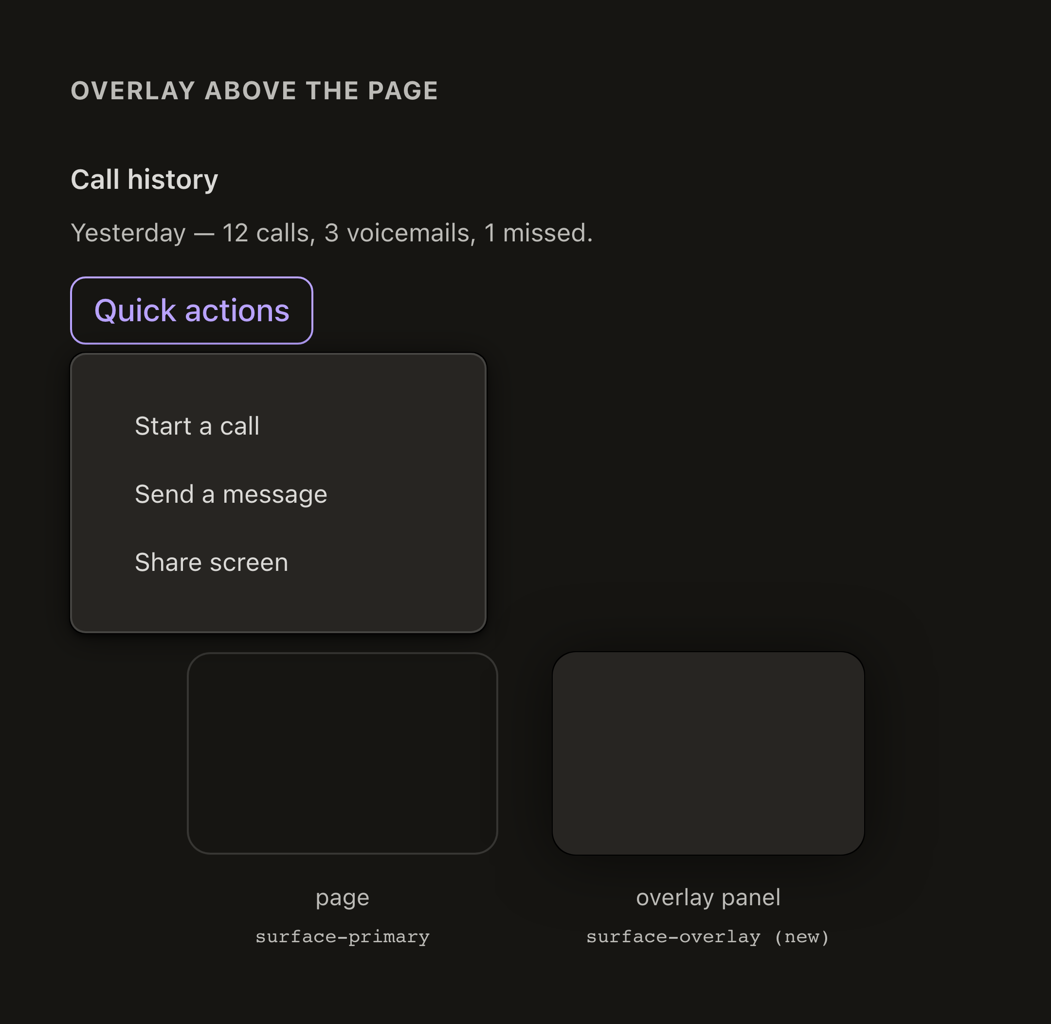 An open popover over page content, and page versus overlay surface swatches, in dark mode — after migration