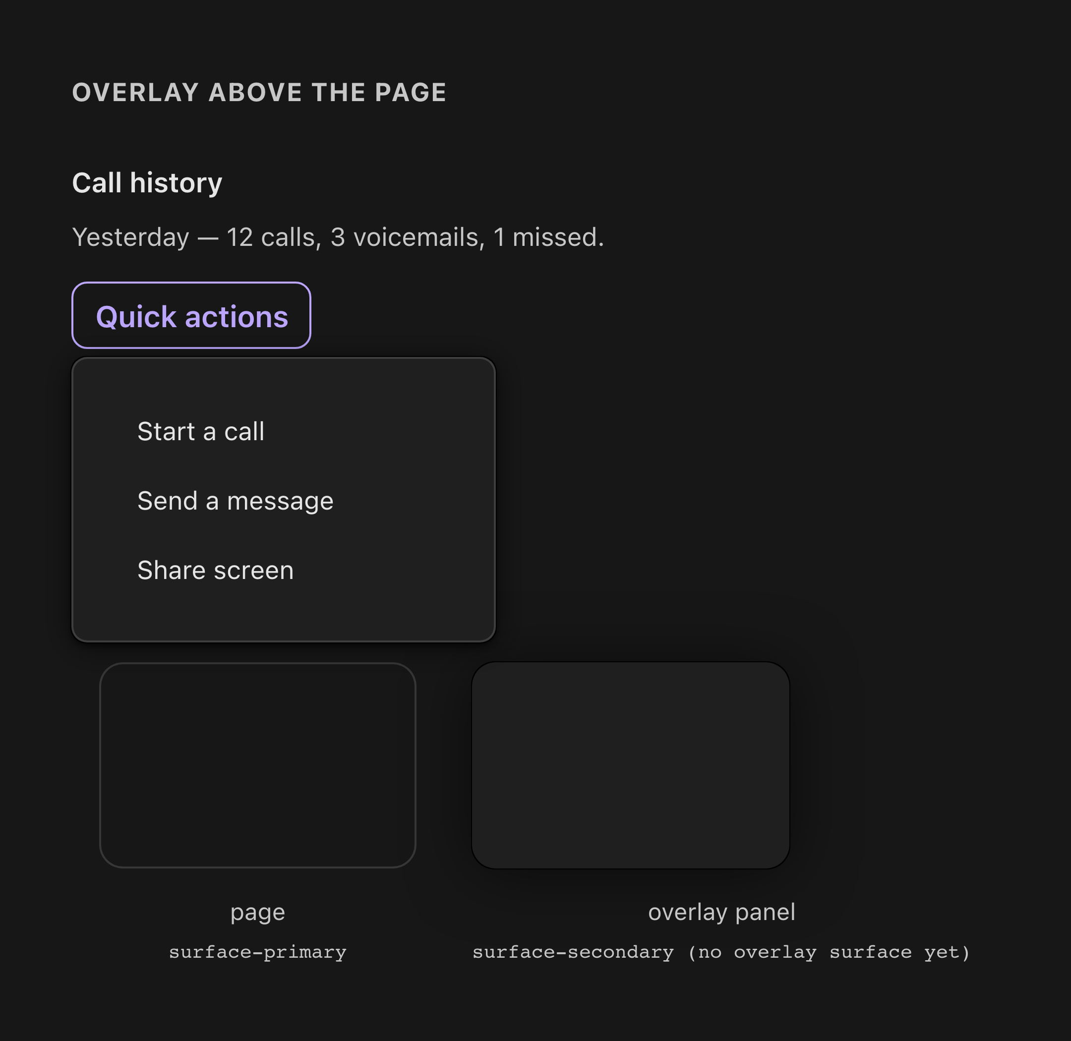 An open popover over page content, and page versus overlay surface swatches, in dark mode — before migration
